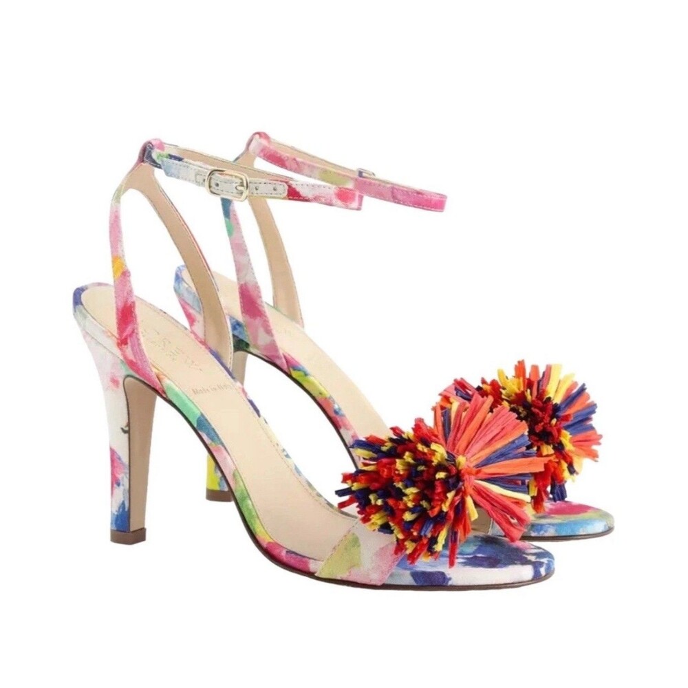 J.CREW Floral Raffia Bow Strappy Open Toe Stiletto Heel Rainbow Multi , US 5.5